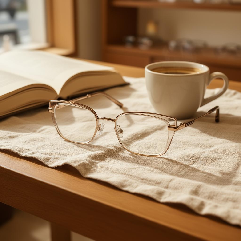 Óculos multifocal sobre a mesa, ambiente acolhedor